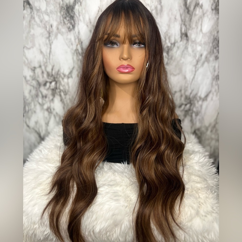 33 Inch Ombre Brown & Blonde wig with highlights with bangs